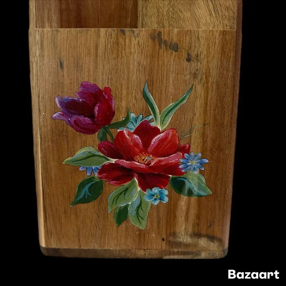 Pioneer Woman Spring Bouquet 4 Section Acacia Wood Utensil Holder Country Farm